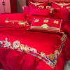 中式婚礼床上四件套纯棉，100支刺绣大红色，结婚陪嫁被套床单1.8床品