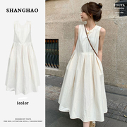 有拉链:韩系女装，茶歇法式白色，无袖连衣裙小个子显瘦背心裙子