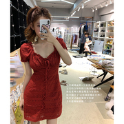 美美的夏夏蕾丝泡泡，袖复古系带红色连衣裙女夏季收腰镂空短裙