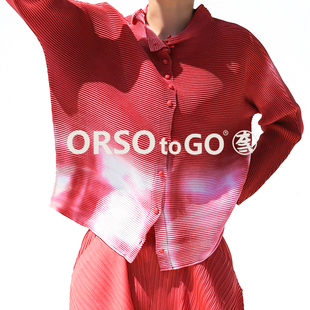 orso原创设计师褶皱女装，扎染长袖女衬衫，大码高端上衣红色翻领