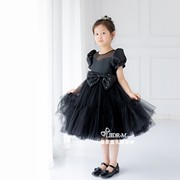 女童气质小钻礼服钢琴，比赛演出生日黑色蓬蓬纱裙，简洁泡泡袖显质感