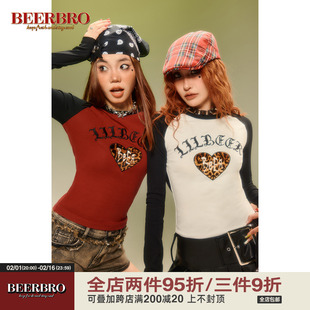 BeerBro美式辣妹紧身爱心豹纹长袖T恤女春季欧美街头撞色内搭上衣