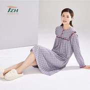 天竹品牌秋季女士家居服竹纤维材质灰色格子裙柔软亲肤时尚睡裙