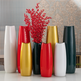 落地白色椭圆大花瓶60cm红色，陶瓷花瓶客厅墨绿色，花器金色可装水