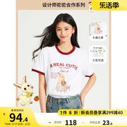 热风2024年夏季女士坨坨兔子系列复古短袖T恤拼色圆领上衣女