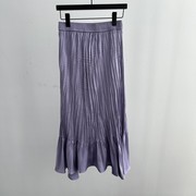 紫色半身裙女夏季设计感小众高腰显瘦中长款百褶a字 松紧腰