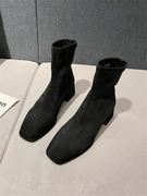 2023秋季黑色绒面，瘦瘦靴韩版套筒方头中跟粗跟短靴短筒女靴子