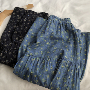 vintage复古文艺小碎花韩系半身裙子女高腰宽松A字中长裙春夏