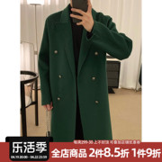 阿茶与阿古墨绿色水波纹双面毛，呢大衣男款冬季韩版中长款呢子外套