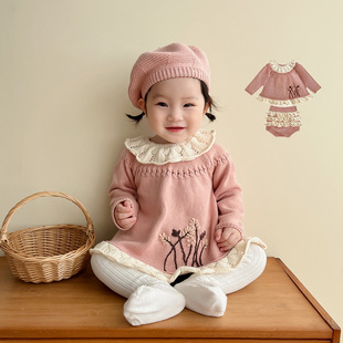 韩版婴儿衣服秋装女宝宝针织衫毛衣公主上衣裙花苞裤洋气分体套装