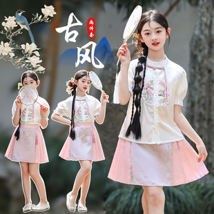 2024夏季女童套裙夏装中国风洋气新中式短袖刺绣半身裙两件套