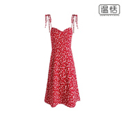 欧美风V领红色碎花吊带连衣裙修身显瘦绑带设计度假短裙