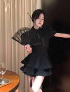 新中式女装连衣裙国风夏季赫本小黑裙小个子辣妹旗袍短裙套装