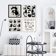 黑白猫咪餐厅装饰画现代高级卧室床头壁画小众艺术餐桌背景墙挂画