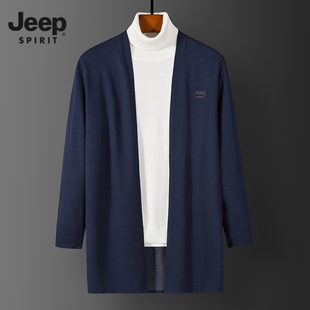 jeep吉普中长款风衣男秋季外穿无扣开衫毛衣，男士纯色休闲针织外套