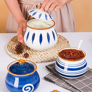 日式手绘釉下彩猪油罐 家用厨房陶瓷调味瓶盐罐耐高温大容量带盖