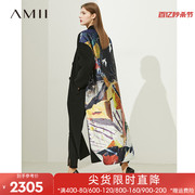 amii2023冬时尚艺术感撞料拼接印花缎面双面呢大衣女毛呢外套