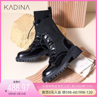 卡迪娜绑带粗跟女鞋复古牛皮革马丁靴女靴KA223103