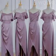 缎面伴娘服2024年秋冬法式姐妹，团小众高级感紫色，礼服女连衣裙