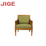 JIGE 欧式美式实木原木藤编椅休闲椅乡村布艺软包单人沙发椅成人
