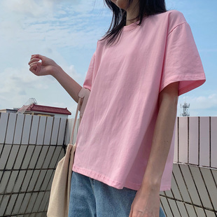 粉红色T恤女短袖棉质2021春夏潮纯色夏装半袖体恤宽松t桖上衣
