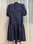 2023夏装女装裙子泡泡袖V领藏青色气质收腰连衣裙 EGIEC4629C