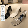 韩国东大门女鞋2020夏欧美(夏欧美)时尚简约透明塑胶一字露趾粗高跟凉鞋拖
