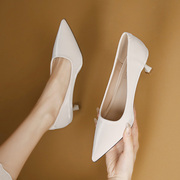 高跟鞋女细跟春3公分小跟米白色尖头浅口单鞋5厘米中跟女鞋子