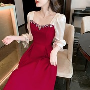 订婚宴酒红色长裙女春秋高级感平时可穿纱袖连衣裙出阁宴晚礼服裙