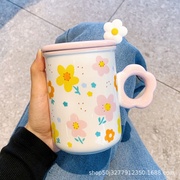 高颜值花朵陶瓷杯子带盖带勺子，女生家用水杯马克杯办公室咖啡茶杯