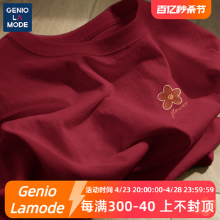 geniolamode酒红色短袖t恤女2024美式复古学生，纯棉100%体恤衫