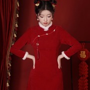 红色旗袍冬季2024年加厚小个子国风拜年服唐装短款新娘敬酒服