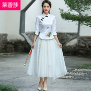 中国风大码女装印花茶，服民国中式唐装盘扣，旗袍上衣改良汉服套装裙