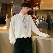春季韩版花色领结装饰男士宽松长袖衬衫发型师青年，中性免烫衬衣潮
