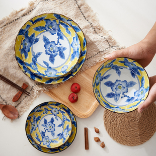美浓烧日本进口釉下彩黄彩，牡丹家用陶瓷，餐盘日式餐具菜盘饭碗套装