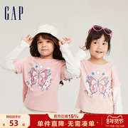 gap女幼童大童秋季纯棉假两件长袖洋气t恤儿童装微弹运动上衣