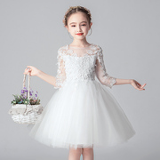 白色花童礼服女儿童长款礼服裙，婚礼伴娘公主，裙钢琴表演出服蓬蓬纱
