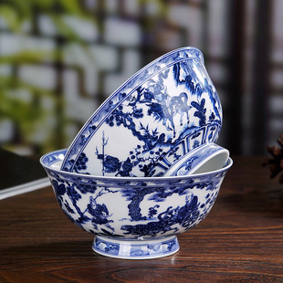 景德镇青花瓷碗中式家用骨瓷米饭碗面碗特色，仿古碗高脚碗单碗餐具