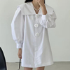 韩国chic夏季法式气质海军领花朵，扣宽松休闲灯笼袖衬衫式连衣裙女