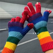 彩虹条纹针织手套女冬季加厚保暖韩国露二指可触屏手套情侣骑行男