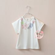 女童纯棉短袖t恤外贸韩版夏装，白色花朵蝙蝠袖半袖圆领套头上衣