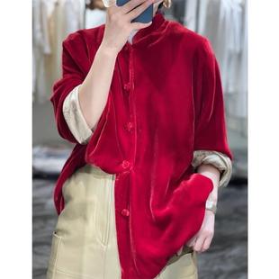 品牌折扣真丝丝绒复古唐装上衣新中式立领中国风红色开衫外套