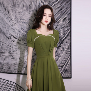 晚礼服女宴会气质轻奢小众高端平时可穿名媛简约墨绿色连衣裙成人