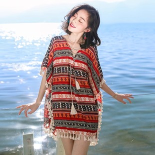 夏季流苏系带雪纺短裙子，连衣裙普吉岛沙滩裙女泰国海边度假民族风
