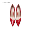 LUKECSION红色高跟鞋2023年真皮性感漆皮斜口尖头8cm细跟单鞋