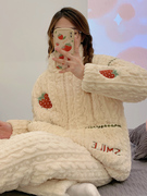 珊瑚绒三层夹棉拉链睡衣，女士秋冬季加厚2023法兰绒家居服套装
