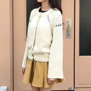 气质春秋韩版米白色圆领，长袖棉线针织，开衫镂空小外搭毛衣女装