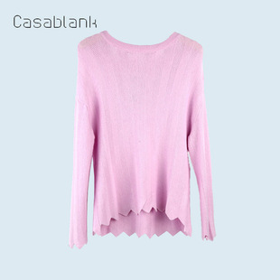 Casablank卡莎布兰卡长袖针织裙摆小衫收腰洋气粉色提花毛衣上衣