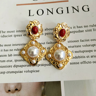 欧美vintage复古气质民族风红宝石，珍珠金属银针耳环耳饰女b253
