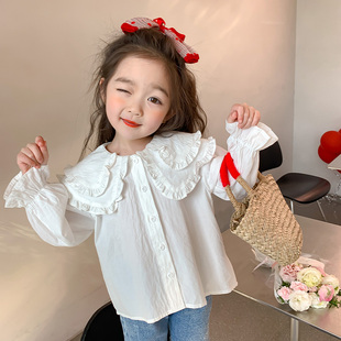 儿童娃娃领衬衫纯色春秋女小童，白色衬衣秋装女童上衣简约韩版洋气